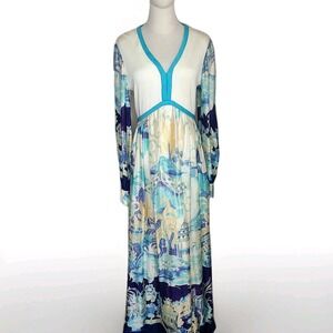 Vtg Future Couture‎ New York Hostess Maxi Dress Asian Garden Scene 60s 70s Blue